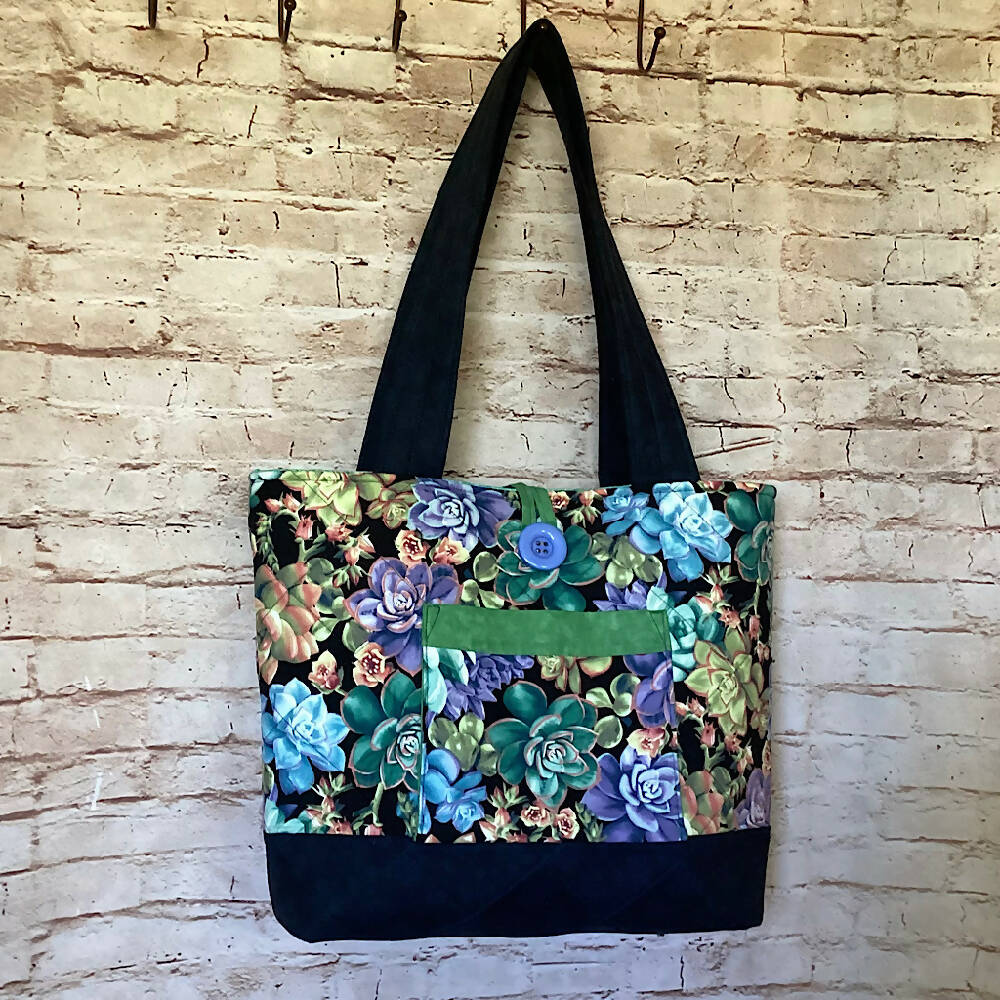 Succulents handbag, tote, shoulder bag for shopping, travel or craft.