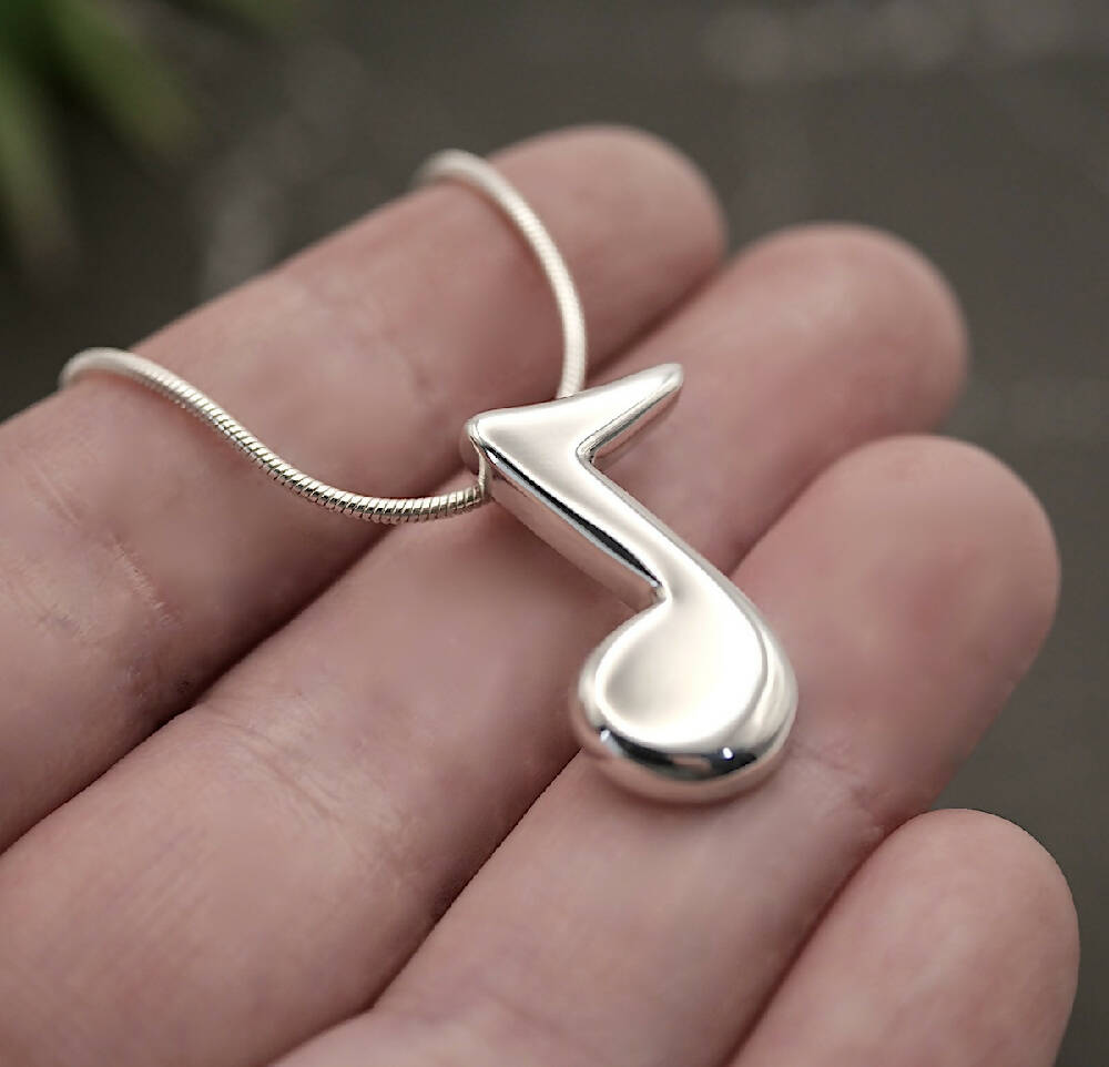 Note - Handmade Sterling Silver Music Note Pendant with Snake Chain