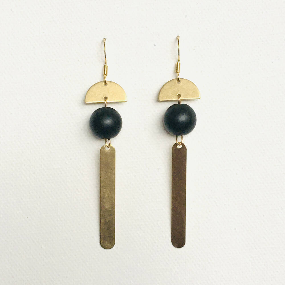 Geometric half moon black and gold dangly earrings