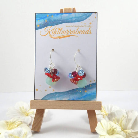 Blue Chalcedony Dangle Earrings,Red and Bluen Crystal Accents