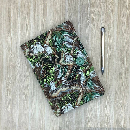 Australian Kookaburras refillable A5 fabric notebook cover gift set - Incl. book and pen.