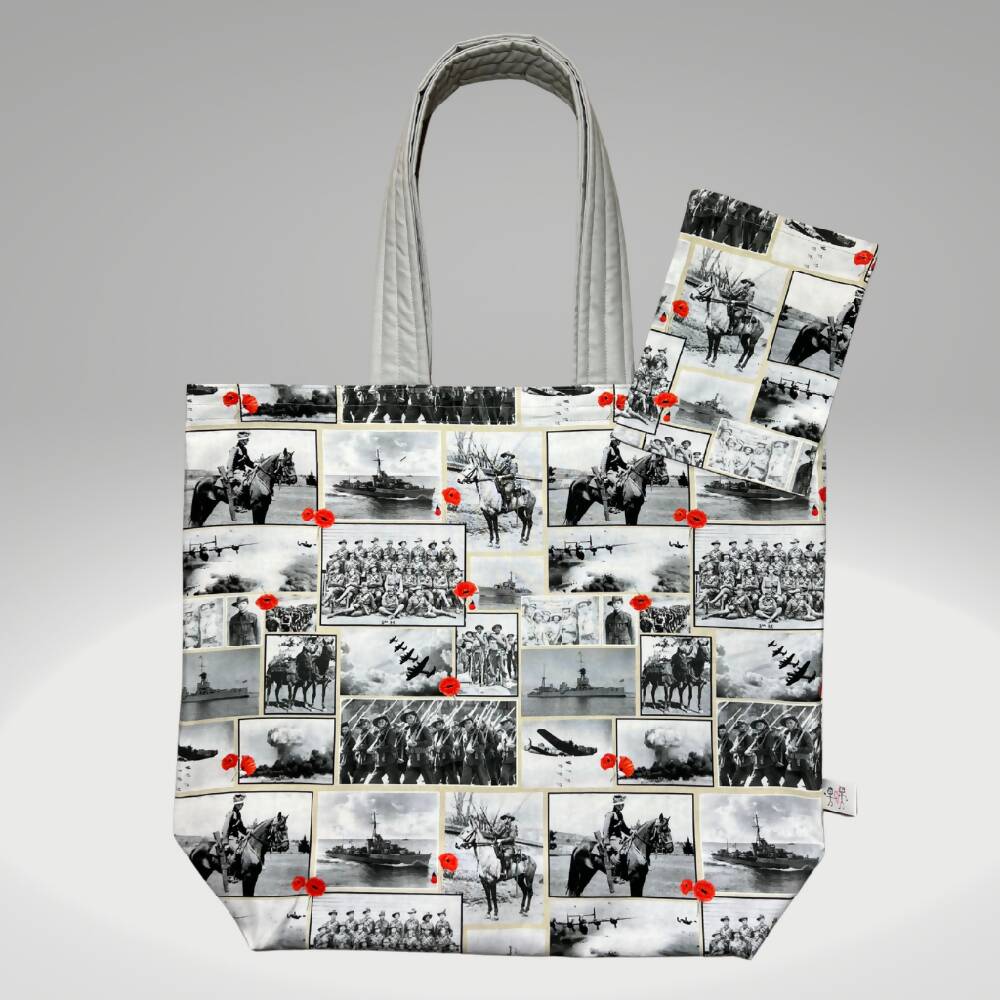 Grocery Tote .. Heroes ... Lined with storage pouch