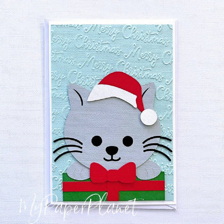 Christmas Cat greeting card. Kitty with Santa hat.