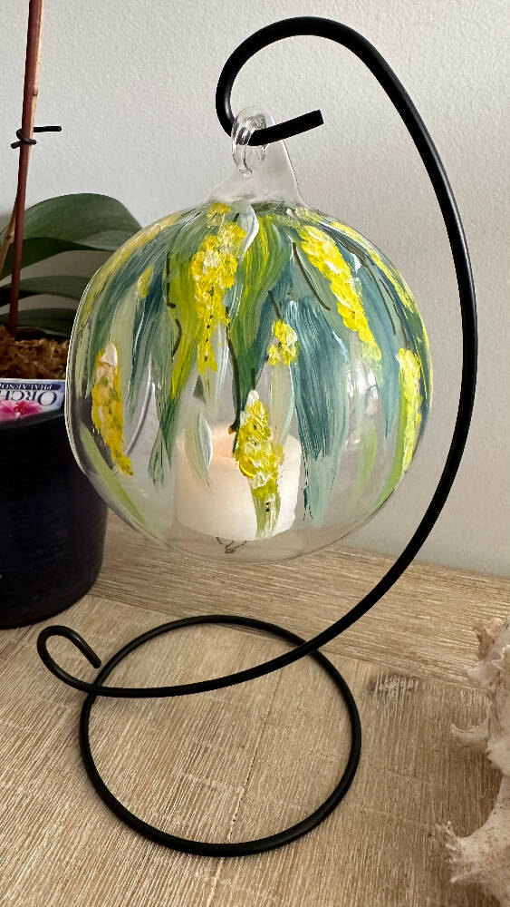 Tea Light Candle Holder, Painted, FREE SHIPPING Australian Wattle Flowers