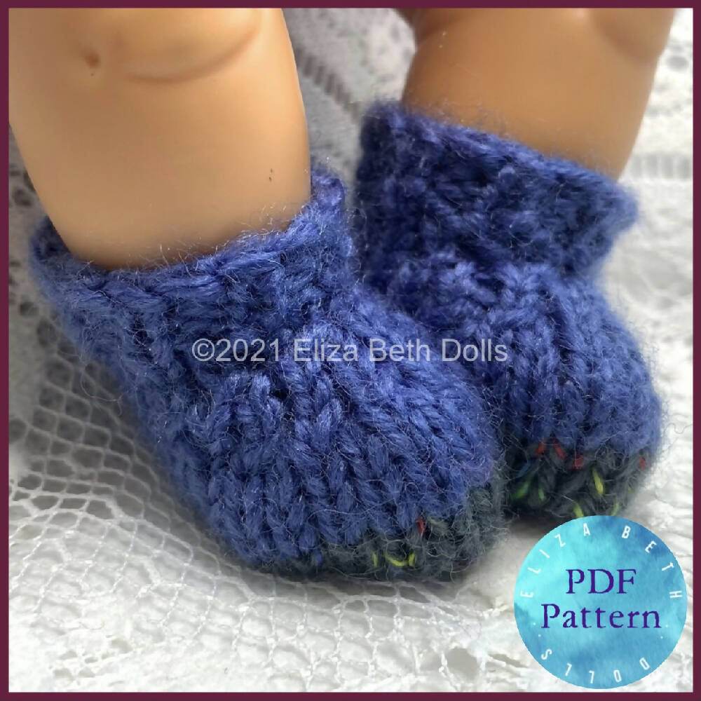 Miniland 21cm shoes, PDF digital pattern, Boy, Girl, Unisex, Boots, Easy quick knit, Straight needles, Flat knit, Baby doll clothes, Cute outfit, Doll accessories, Minikane, 8inch, Clear instructions, Photos, 8ply DK yarn, Beginner friendly, Basic knitting, Simple pattern, 2, Eliza Beth Dolls, ElizaBethDolls, Australia