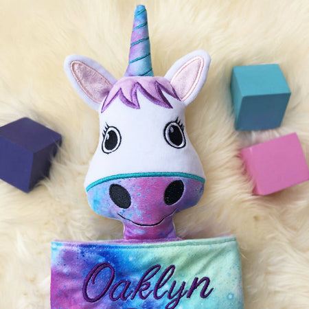 Baby comforter, Embroidered name, Unicorn themed Ruggybud, Made to order
