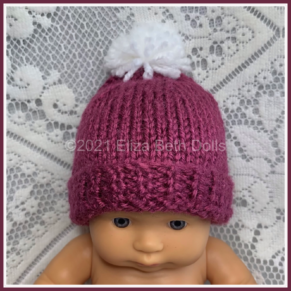 Miniland 21cm clothes, PDF digital pattern, Beanie, Hat, Boy, Girl, Unisex, Easy quick knit, Straight needles, Flat knit, Baby doll clothes, Cute outfit, Doll accessories, Minikane, 8inch, Clear instructions, Photos, 8ply DK yarn, Beginner friendly, Basic knitting, Simple pattern, 1, Eliza Beth Dolls, ElizaBethDolls, Australia