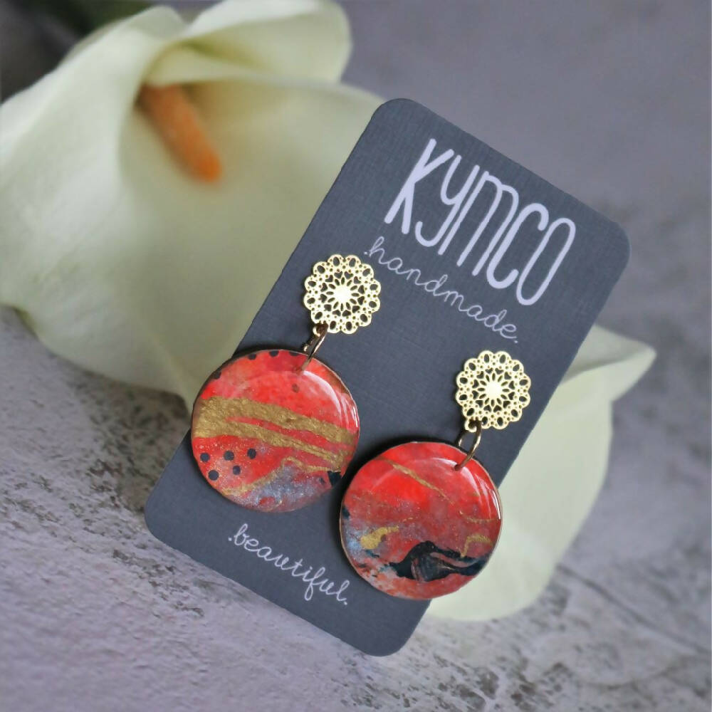 Sunset Sands Collection | Round Resin Dangles Earrings| Red Gold Shimmer