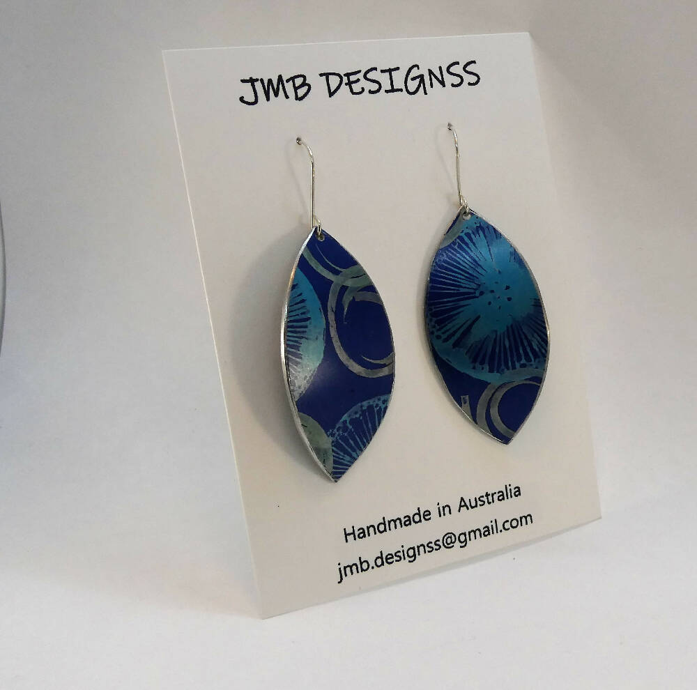 Printed and dyed blue on blue anodised aluminium earrings