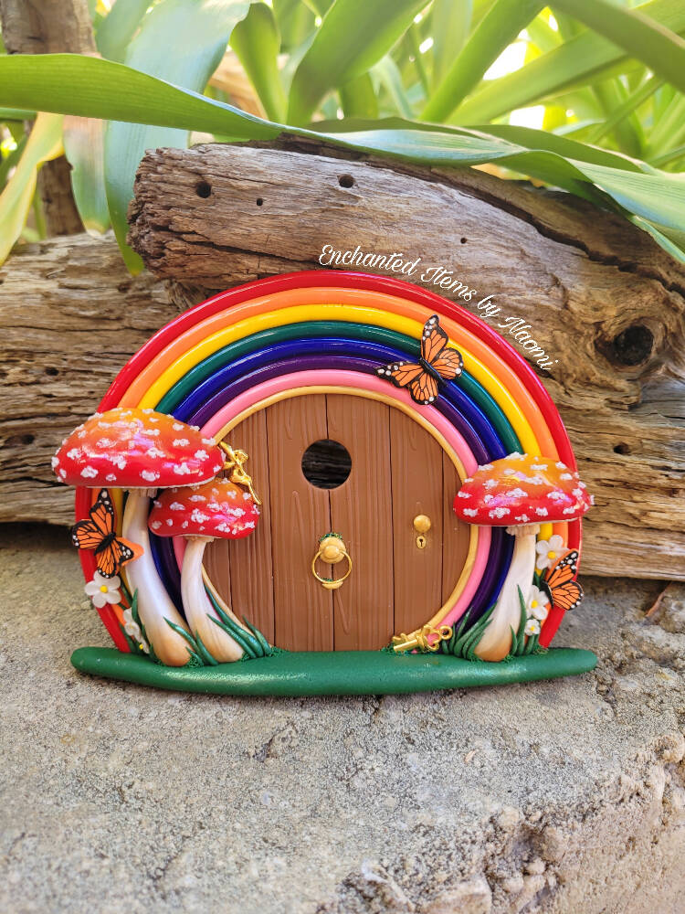 Fairytale Mushroom and Rainbow Fairy door with butterflies