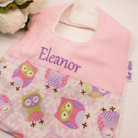 Baby Bib Personalised Pink Owl Cotton Fabric Gift.