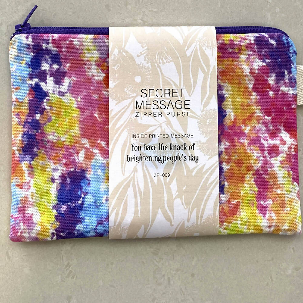 Zipper Purse - Abstract Rainbow Splash pattern print with secret message inside #9