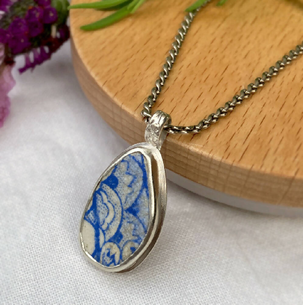 Sterling Silver Sea Pottery Bezel Set Pendant - Blue Mermaid Waves