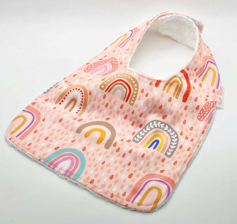 Baby Bib - Rainbows on Pink Cotton Fabric, Bamboo Toweling backed, Snap ...