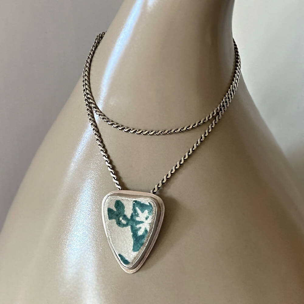 Pendant Sterling Silver Sea Pottery Green Blue Flowers L