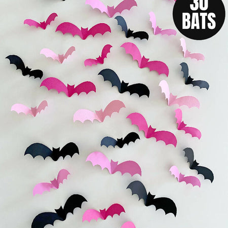 Halloween Bat shapes. Pink Black 3D bats, Spooky decorations.
