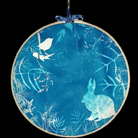 Bunny visits Bird-Cyanotype wall hanging on 100% cotton in timber hoop