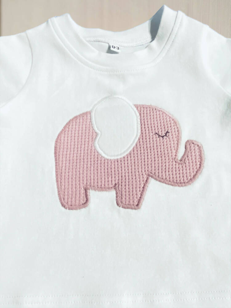 Beanie, Long Sleeve and Harem Pants with Pink Elephant Applique Design