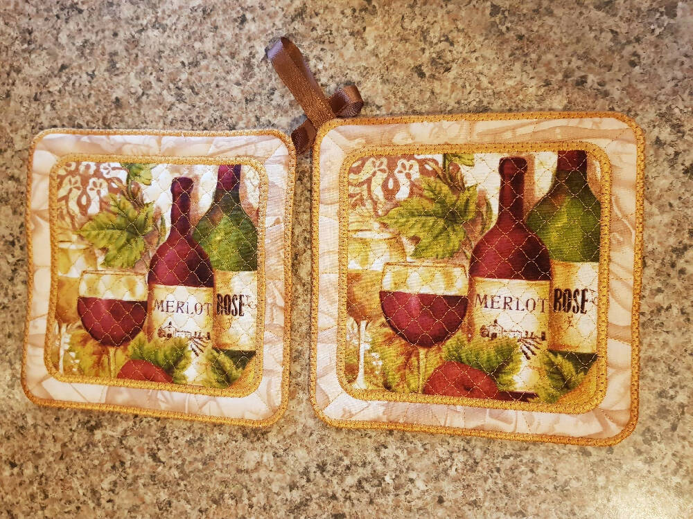 WIne bottles & Glass Pot Holders x2