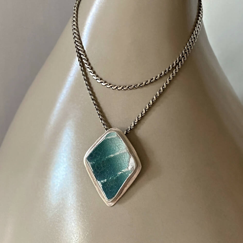 Pendant Sterling Silver Sea Pottery Green Blue Diamond L