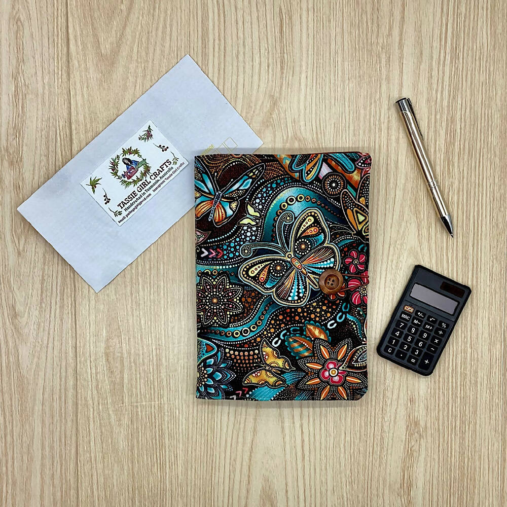 Indigenous Butterflies refillable A5 fabric notebook cover gift set - Incl. book and pen.