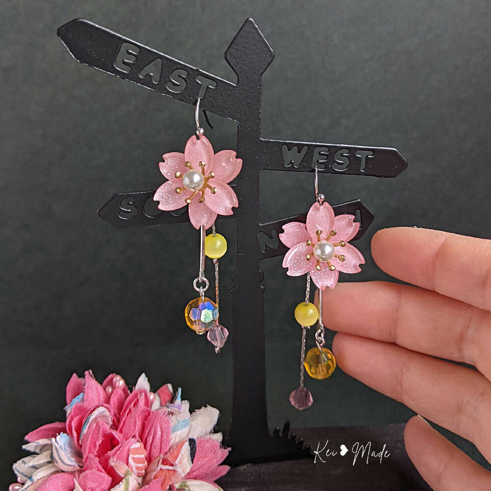 Pink Sakura Blossom Flower Dangle Earrings