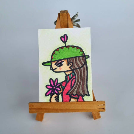 Kanas holding a flower - ACEO Original Ink and Watercolor on Watercolor Paper