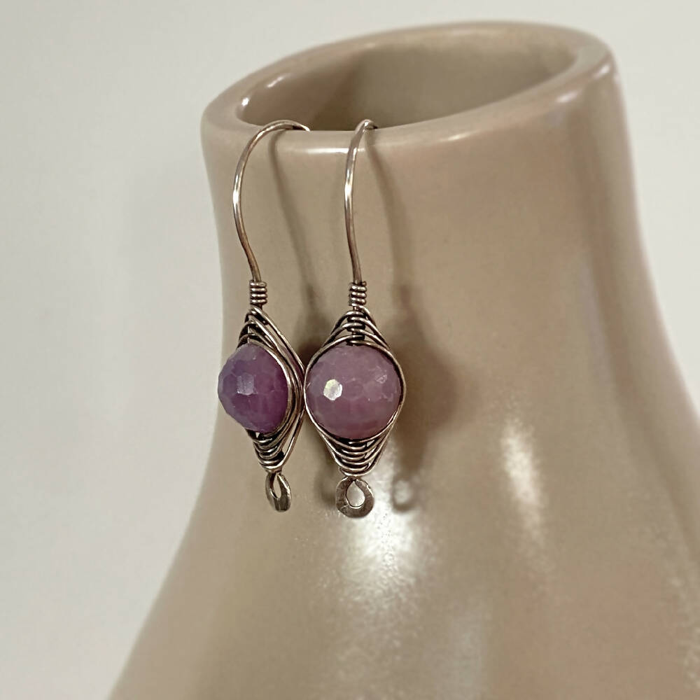 Sterling Silver Herringbone Weave Wire Wrap Ruby Earrings