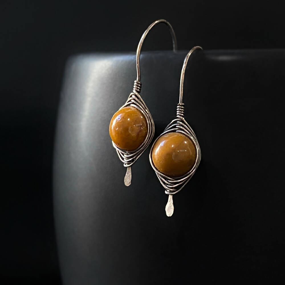 Sterling Silver Herringbone Weave Wire Wrap Earrings Mookaite Yellow