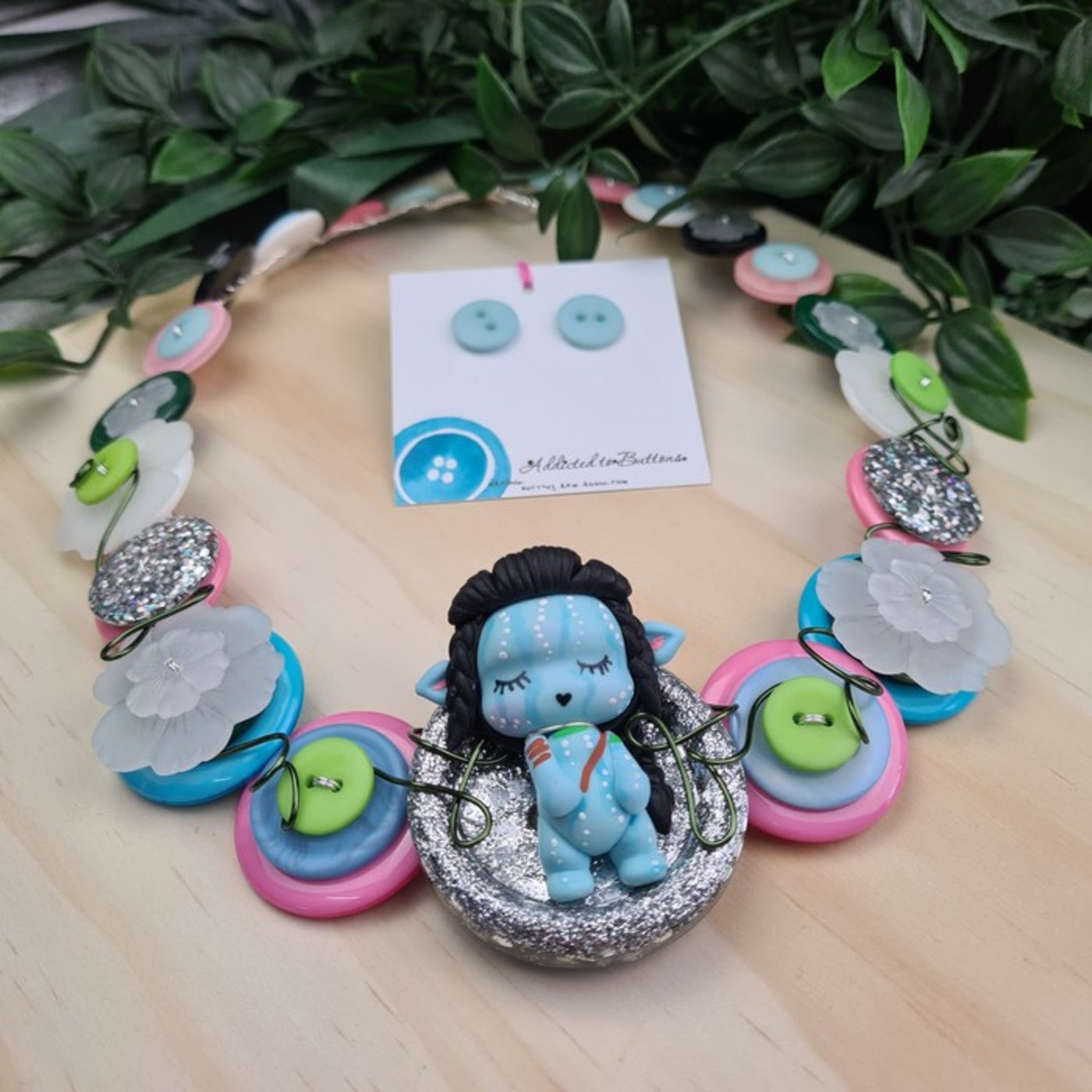 Button Necklace Blue Alien Button Jewellery and Earrings