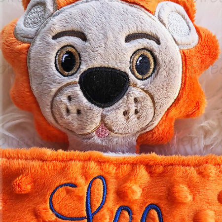 Baby comforter, Embroidered name, Lion themed Ruggybud, Made to order