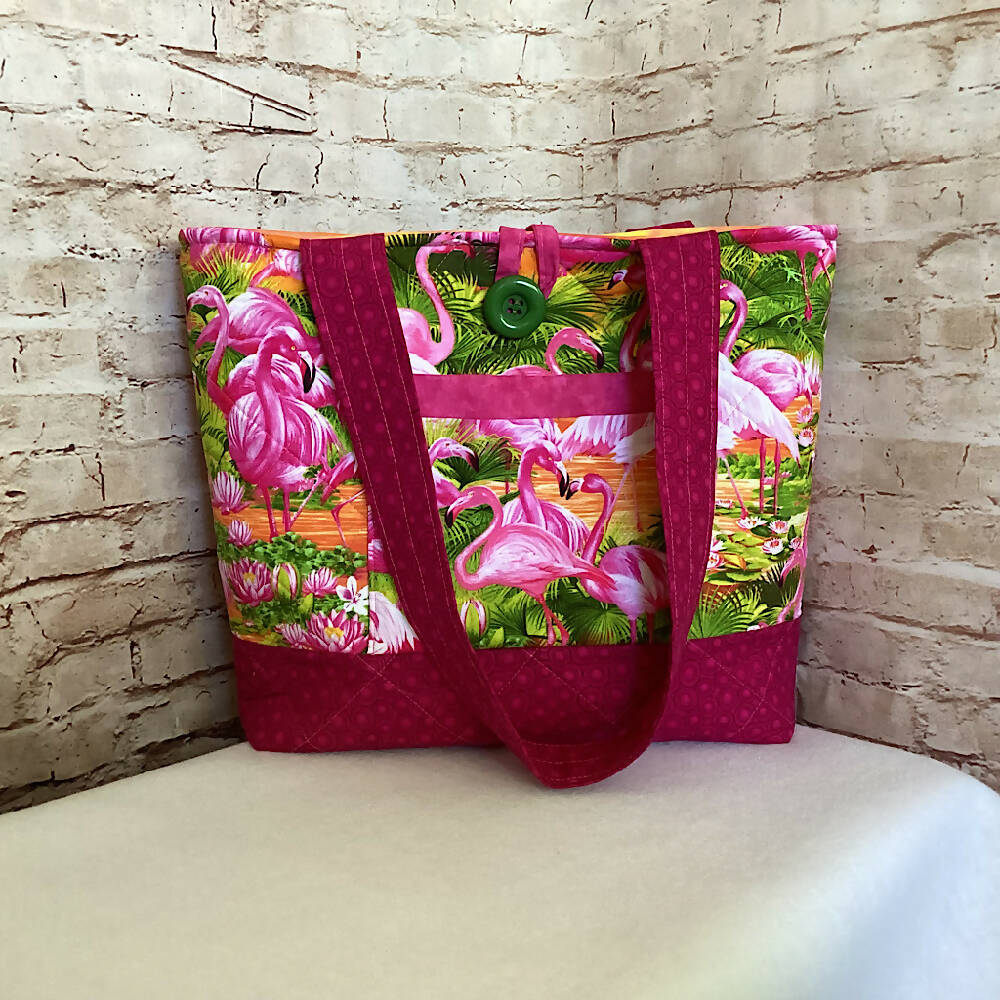 Flamingo birds handbag, tote, shoulder bag for shopping, travel or craft.