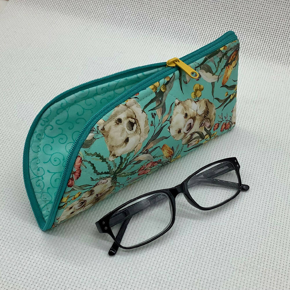 Wombats Glasses Case. Fabric, padded, lightly quilted.