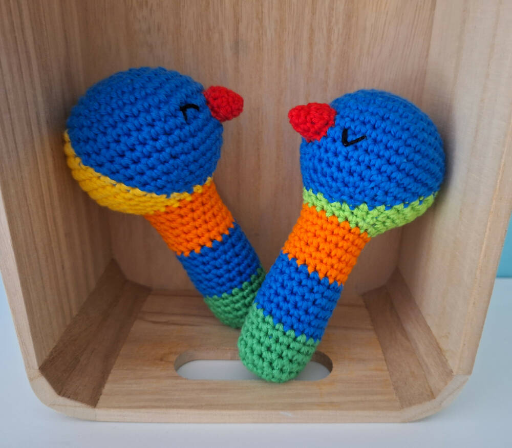 colourful rainbow lorikeet crocheted baby rattle