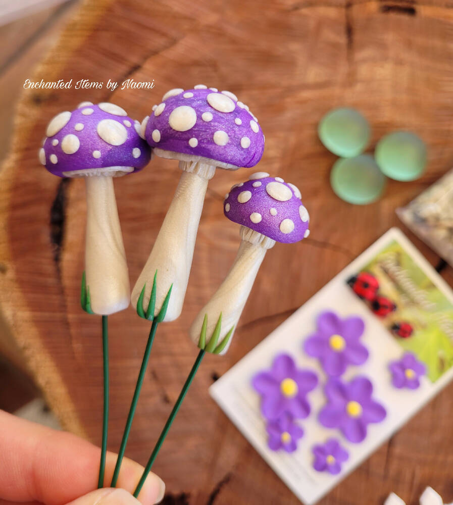 Purple Fairy garden Mushrooms set with Ladybirds