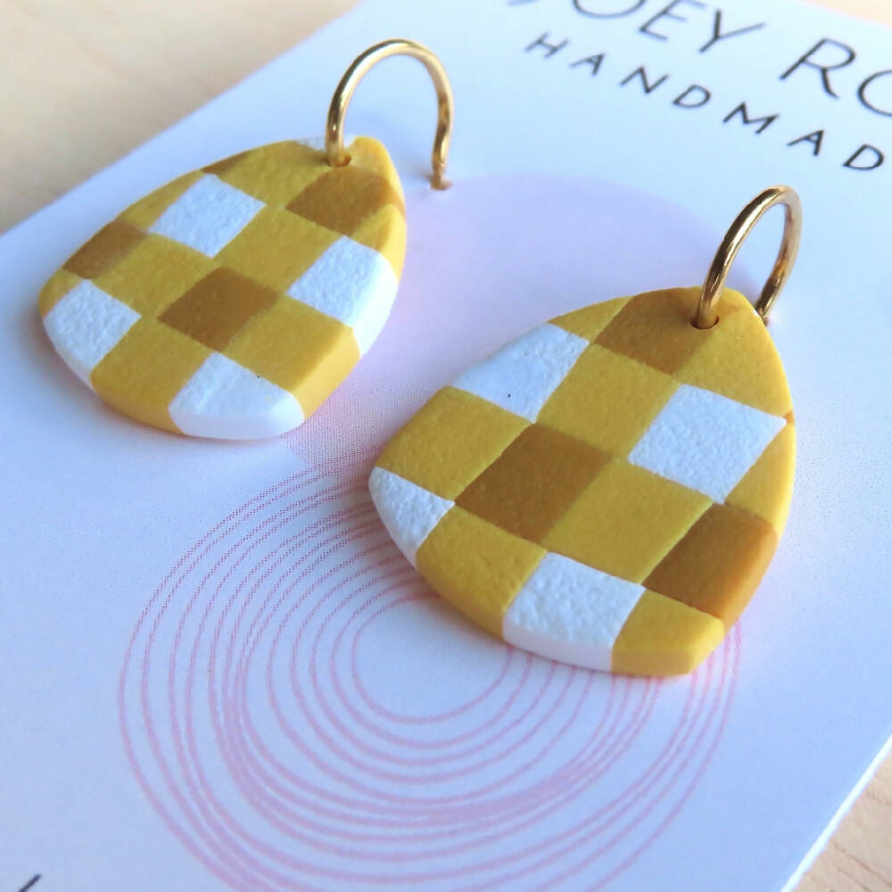 Yellow and White Textured Gingham Small Polymer Clay Earrings
