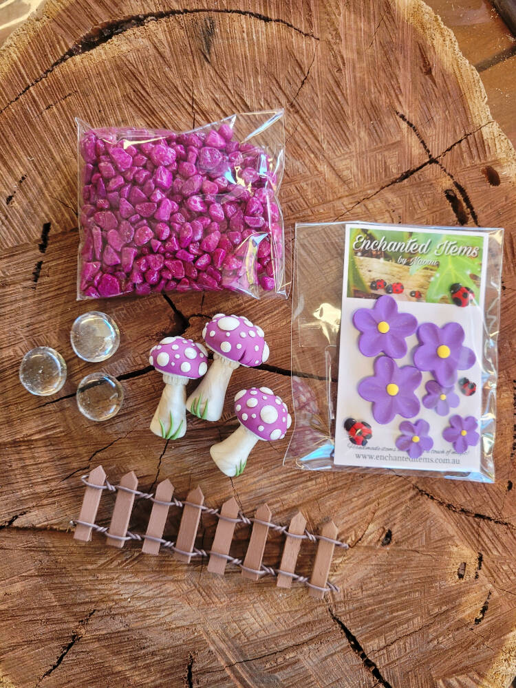 Mixed Purples Fairy garden Mushrooms set with Ladybirds