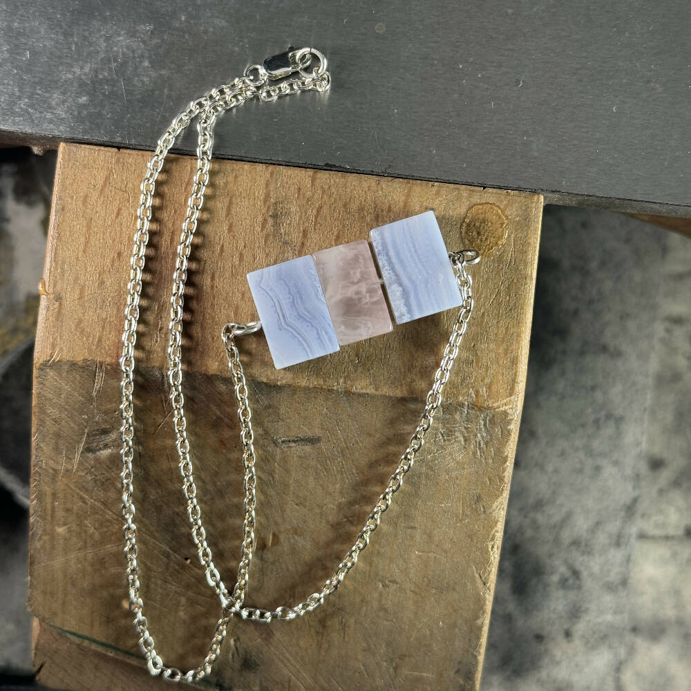 Blue Lace Agate & Rose Quartz Necklace with Sterling Silver chain