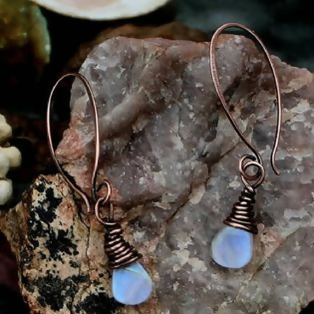 Rainbow Moonstone Lantern earrings in Copper