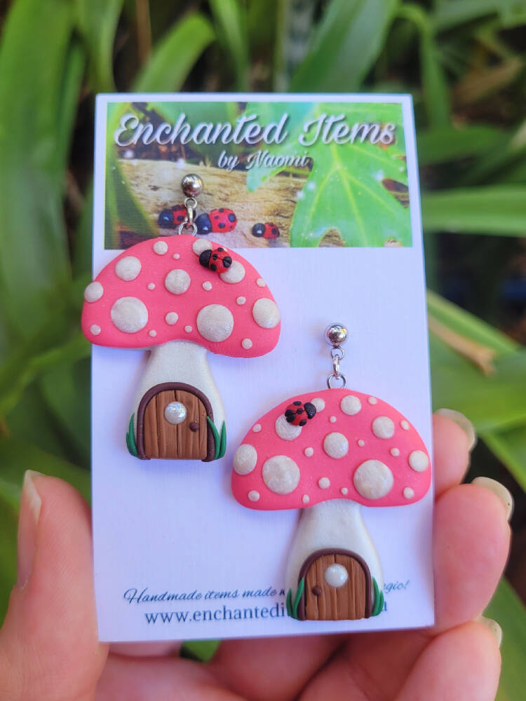 Pink Fairy Mushroom House Dangle Earrings