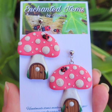 Pink Fairy Mushroom House Dangle Earrings