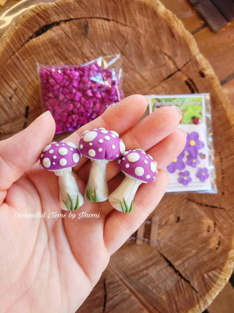 Mixed Purples Fairy garden Mushrooms set with Ladybirds