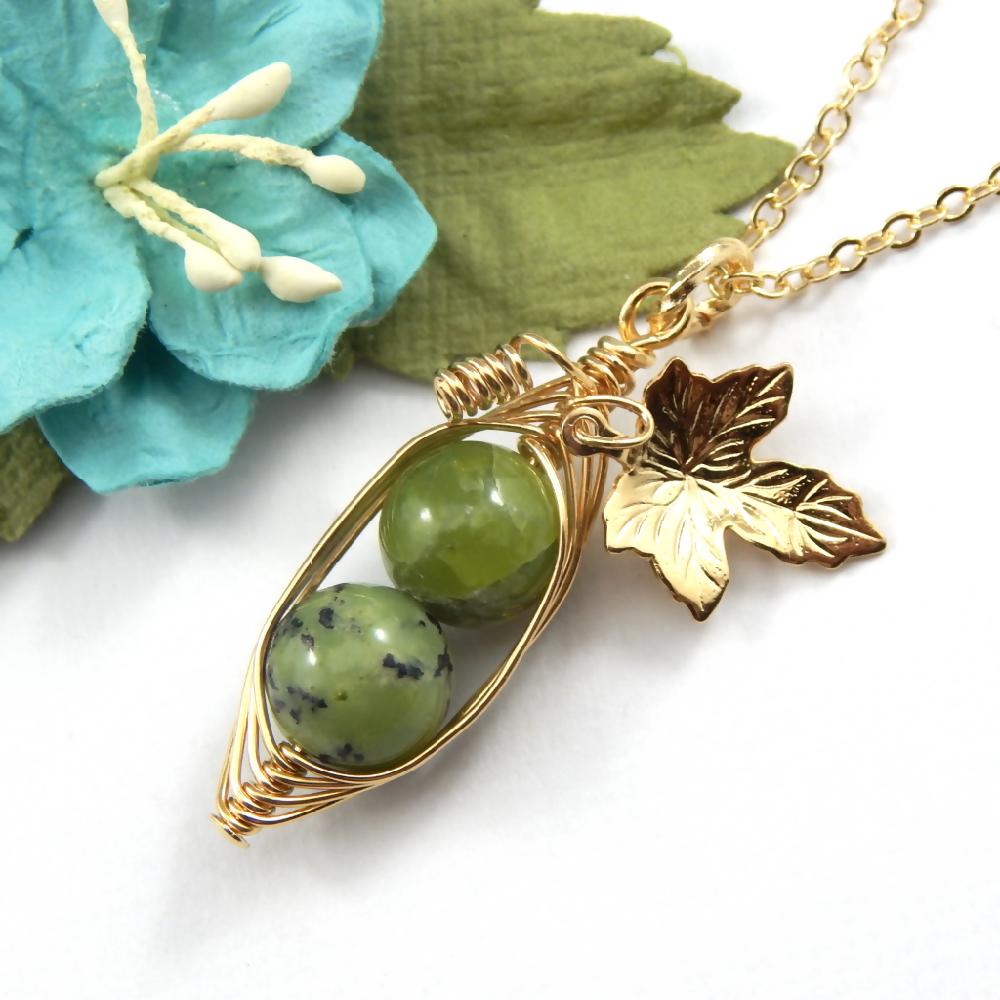 Two Peas in a Pod Chrysoprase Pea Pod Necklace