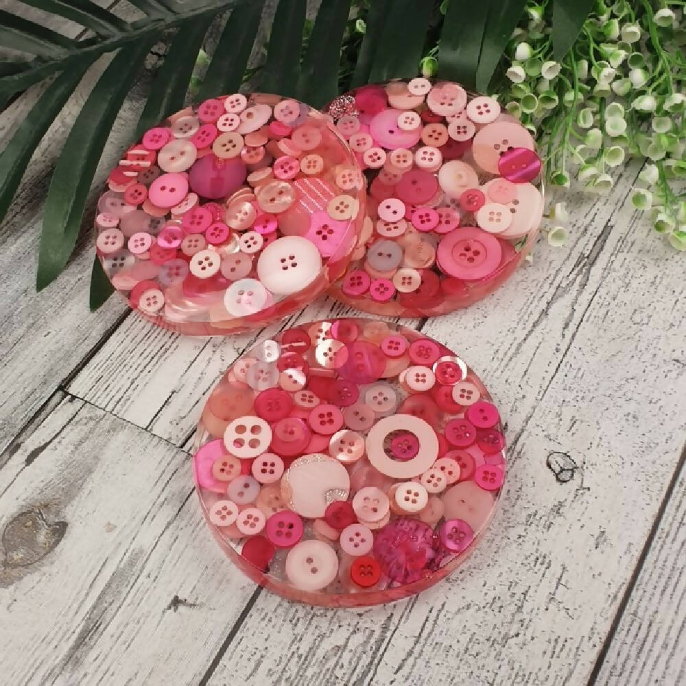Coasters - PINK - Button & Resin Mix - Drinks - Mug Glass - Paperweight - SINGLE