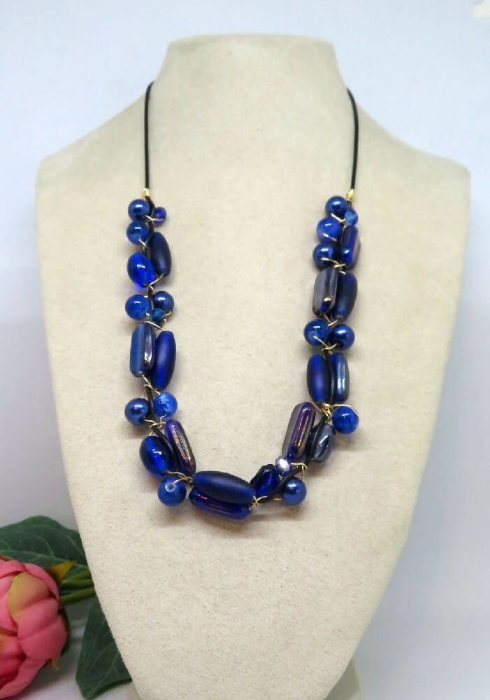 Blues Wire Wrapped Beaded Necklace Earrings Set