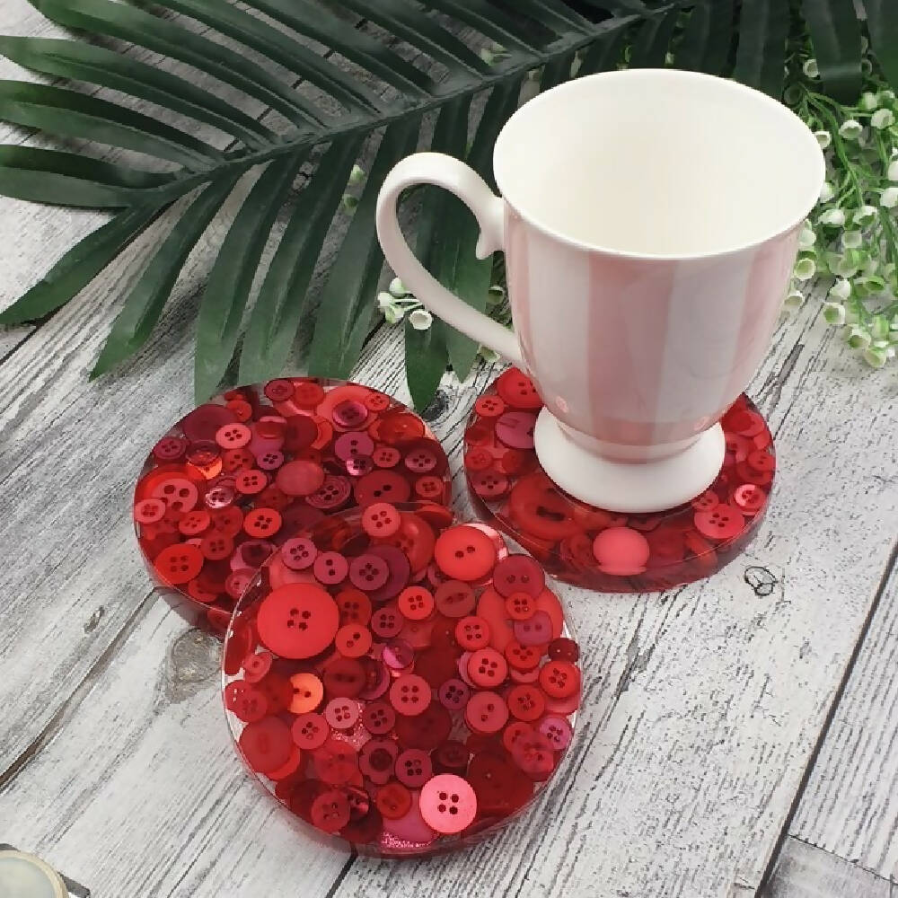 Coasters - RED - Button & Resin Mix - Drink Mug or Glass - Paperweight - SINGLE