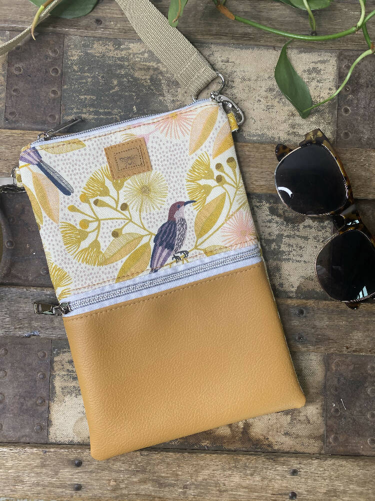 Mini & Small Crossbody Bag - Wattle Bird & Gum Blossom/Mustard Faux Leather