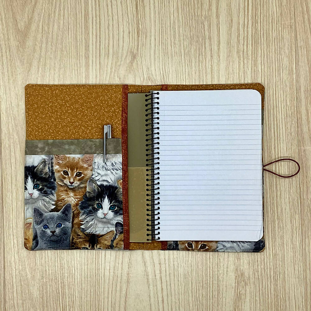 Cats and kittens refillable A5 fabric notebook cover gift set - Incl. book and pen.