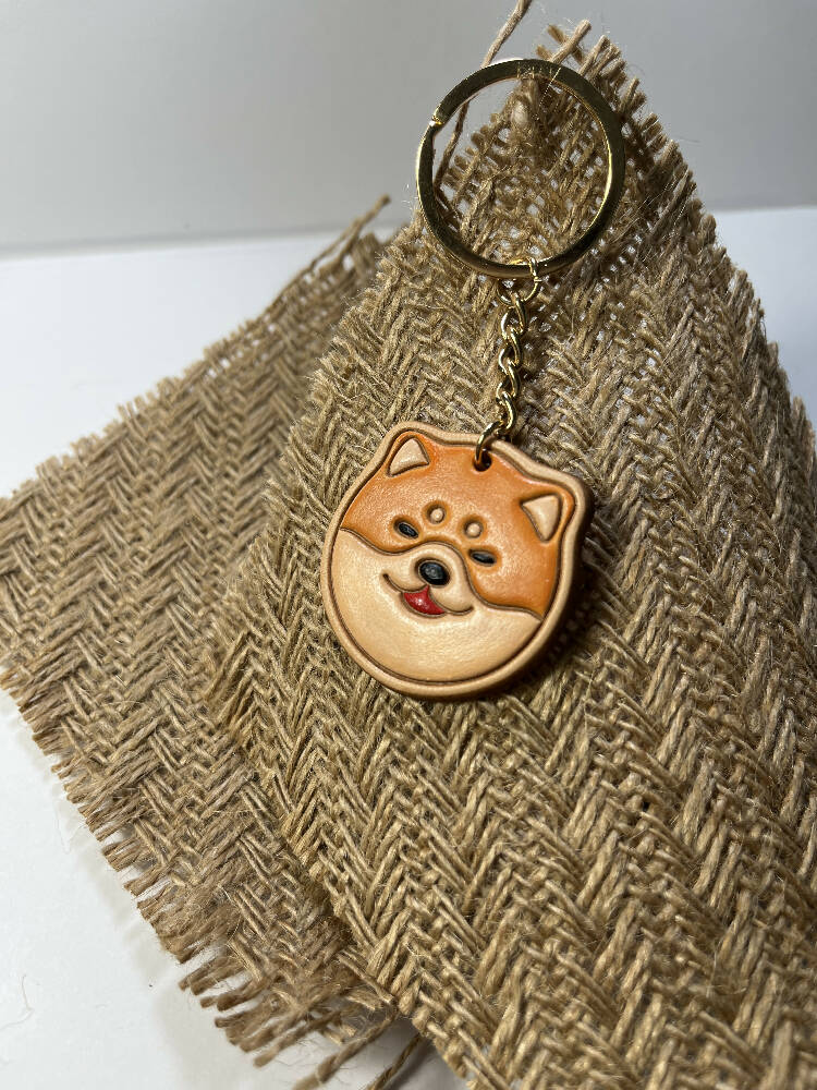 Shiba Inu Dog Face Leather Keychain | Pet | Gift| Hand Print| Leather Accessories