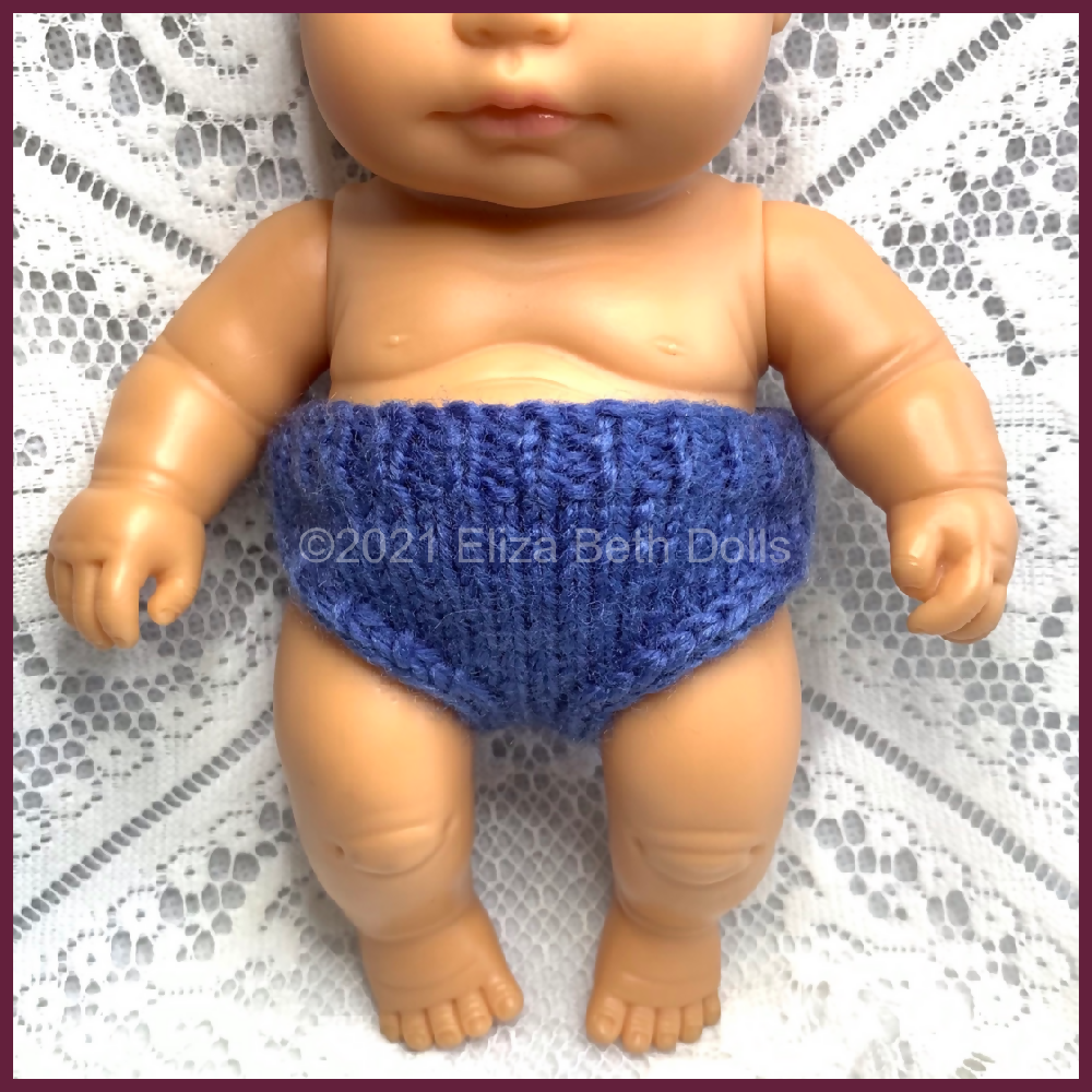 Miniland 21cm clothes, PDF digital pattern, Underpants, Knickers, Undies, Boy, Girl, Unisex, Easy quick knit, Straight needles, Flat knit, Baby doll clothes, Cute outfit, Doll accessories, Minikane, 8inch, Clear instructions, Photos, 8ply DK yarn, Beginner friendly, Basic knitting, Simple pattern, Eliza Beth Dolls, Australia, 4